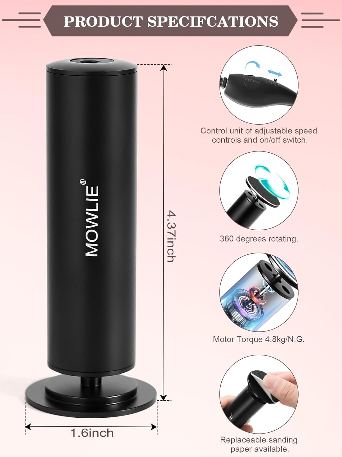 Electric Foot Callus Remover,MOWLIE Electric Foot Care Tools with Speed Controller and 60pcs Replacement Sandpaper Disk for Men Women Dead Dry Crack Skin Calluses (Black)