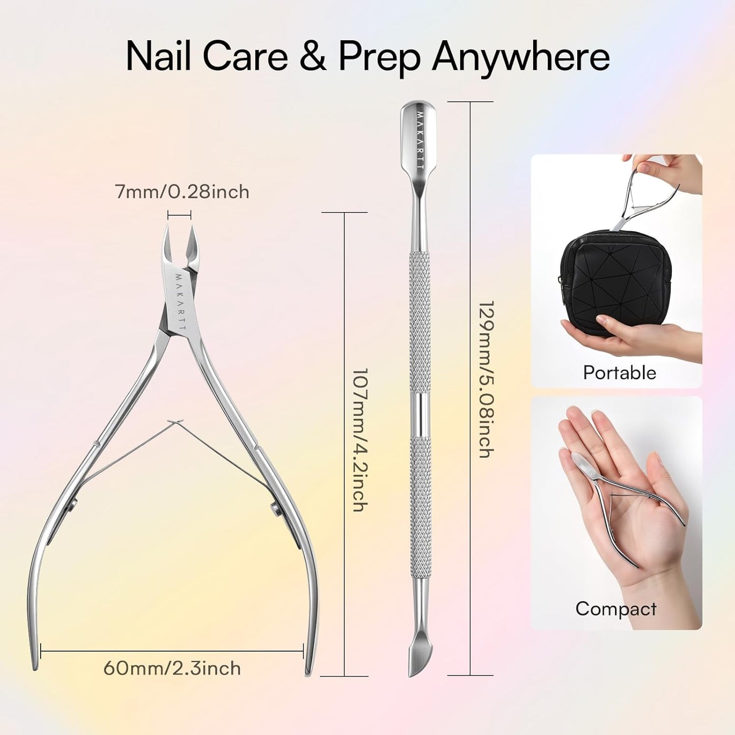 Makartt Cuticle Trimmer with Cuticle Pusher - Stainless Steel Cuticle Nipper with Dual Spring, Ergonomic Handle, 7mm Blade & Dual-Ended Pusher for Nail Care & Gel Removal, Silver