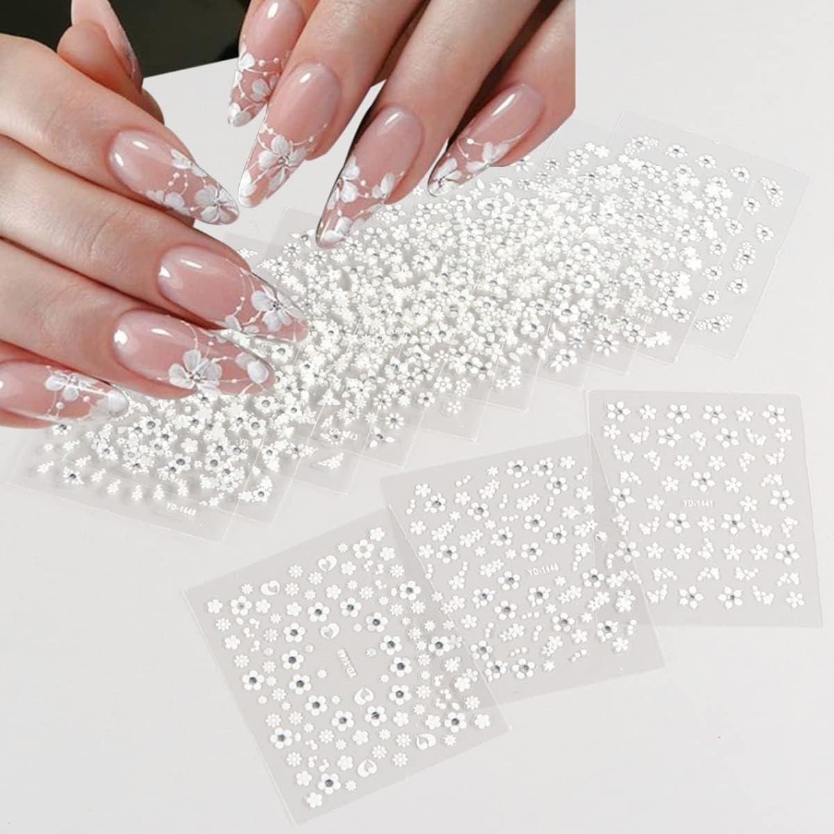 30Sheets Floral Nail Art Stickers Decals 3D Self Adhesive White Flower Designs Nails Supplies White Flower Stickers with Rhinestones Nail Decorations for Women Manicure Transfer Tool Nails Wraps