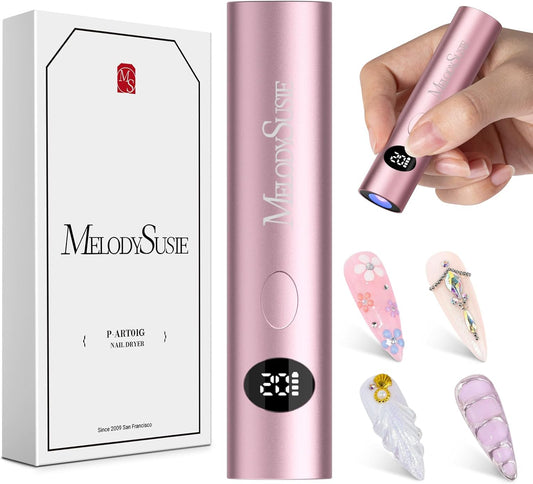 MelodySusie Handheld UV Light, ART01G Mini Portable Cordless Nail Lamp with LCD Display, Optical Lens, Acetone Resistant Case, Flash Cure for Rhinestone Glue, Pink