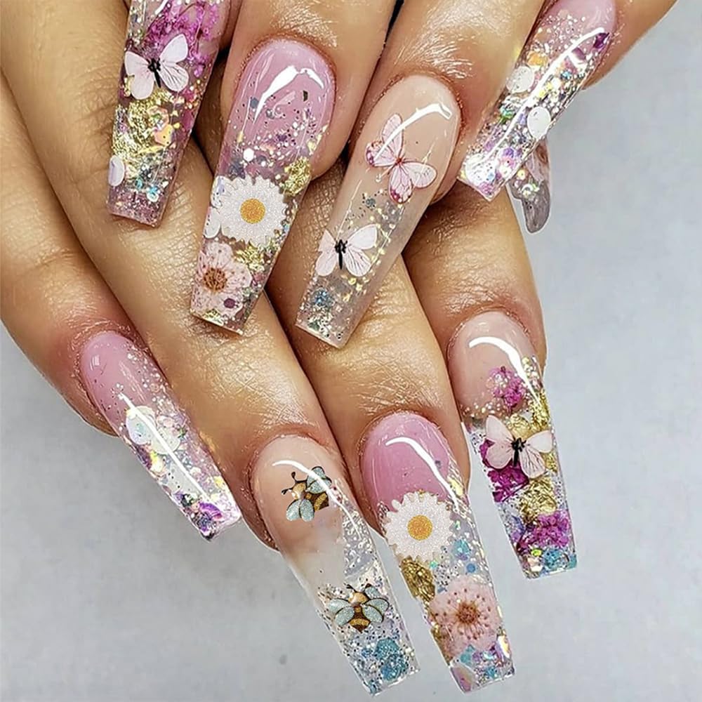 300Pcs 3D Flower Nail Art Charms Sequins Decals Colorful Mixed Flowers Leaves Butterfly Design Slice Nail Flowers Ultra Wood Pulp Flakes Sequins
