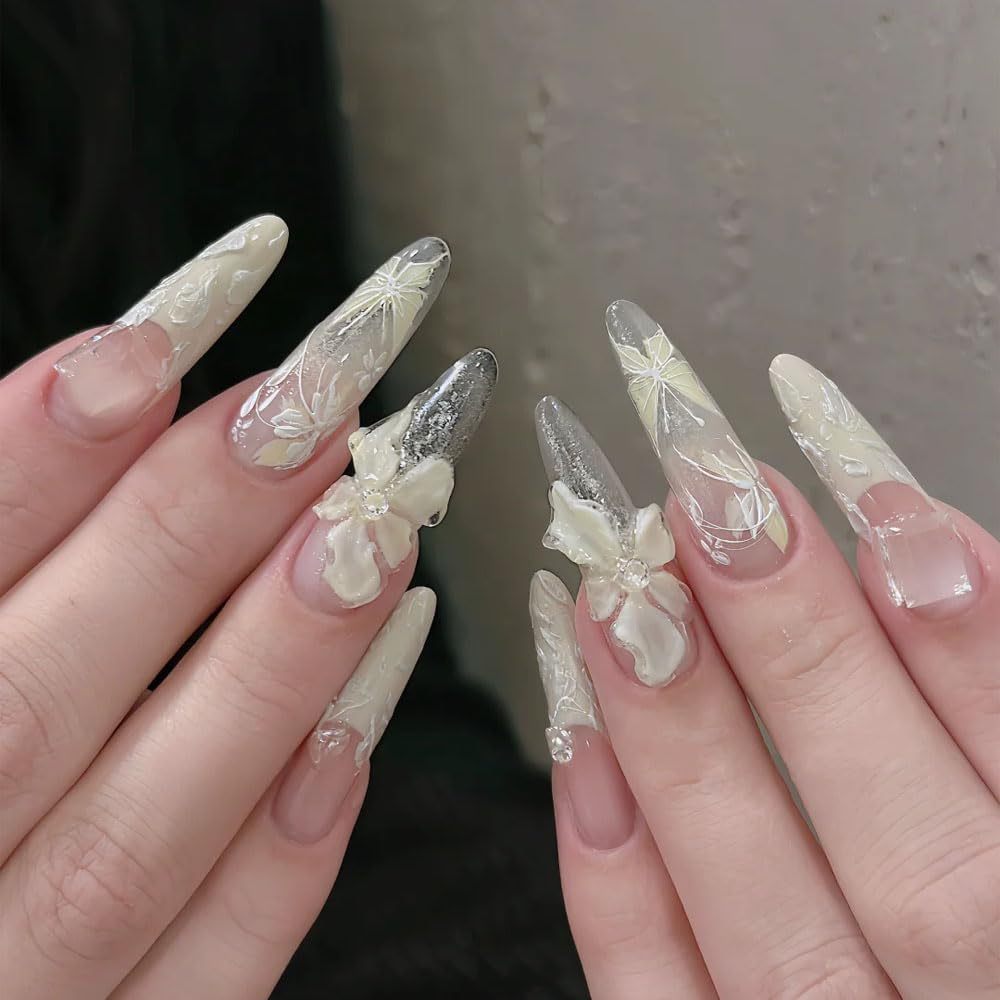 Iridescent Flower Nail Art Stickers, 4 Sheets Crystal Shell Design, Jelly Flowers Decals for Summer Manicure