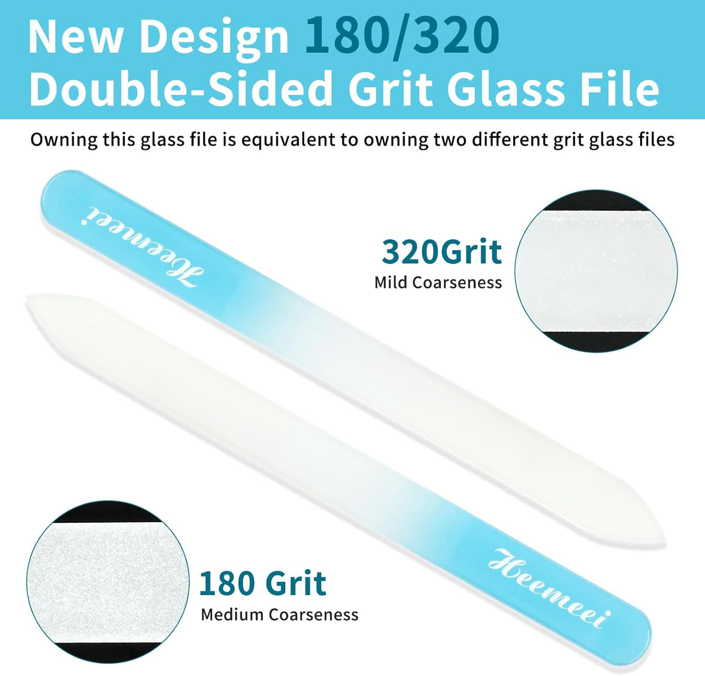 Glass Nail Files - Double Sided 180/320 Grit with Case, Ideal for Natural Nails - Blue