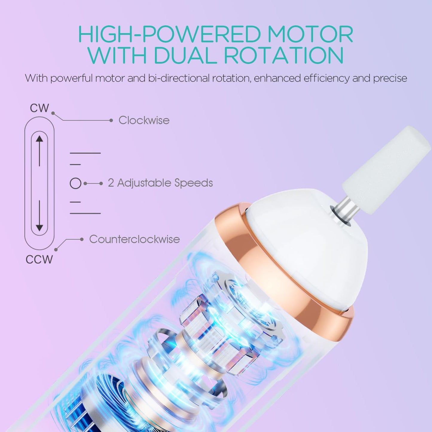 Electric Nail Drill, Cordless Nail File Machine Kit 2 Directions & Speeds for Acrylic, Gel Nails, Rechargeable with LED & 6 Nail Drill Bits for Professional Manicure and Pedicure,Gold ND310