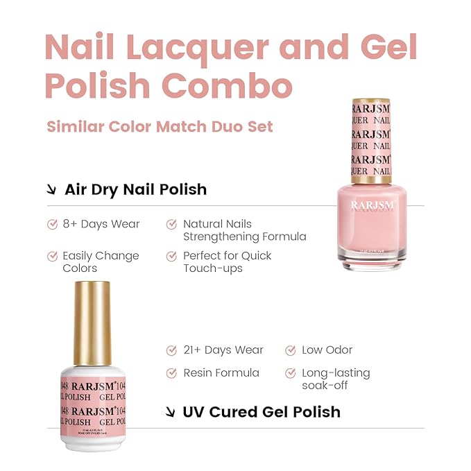 RARJSM Bubble Pink Nude Gel Nail Polish 2pcs Set,Gel and Lacquer Combo,PalePink Air Dry Nail Lacquer and Nude Pink GelPolish LED UV Curing Requires French Manicure DIY Nail Art Home Salon 15ml