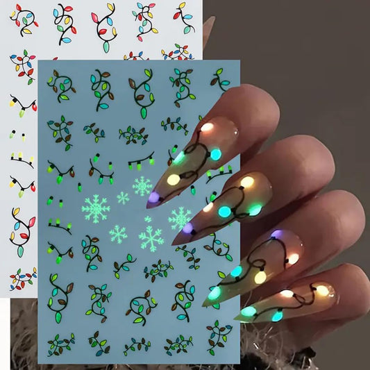 Christmas Nail Art Stickers Glow in The Dark Christmas Lights Nail Stickers 6PCS Luminous Colored Light Snowflake Santa Claus Xmas Tree 3D Self-Adhesive Xmas Nail Decals for Women Nail Art Decoration