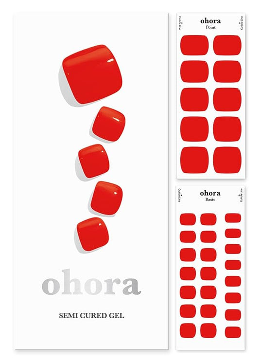 ohora Semi Cured Gel Pedi Strips (P Blaze) - Red, Solid, Works with Any UV/LED Nail Lamps, Salon-Quality, Long Lasting, Easy to Apply & Remove - Includes 2 Prep Pads, Nail File & Wooden Stick