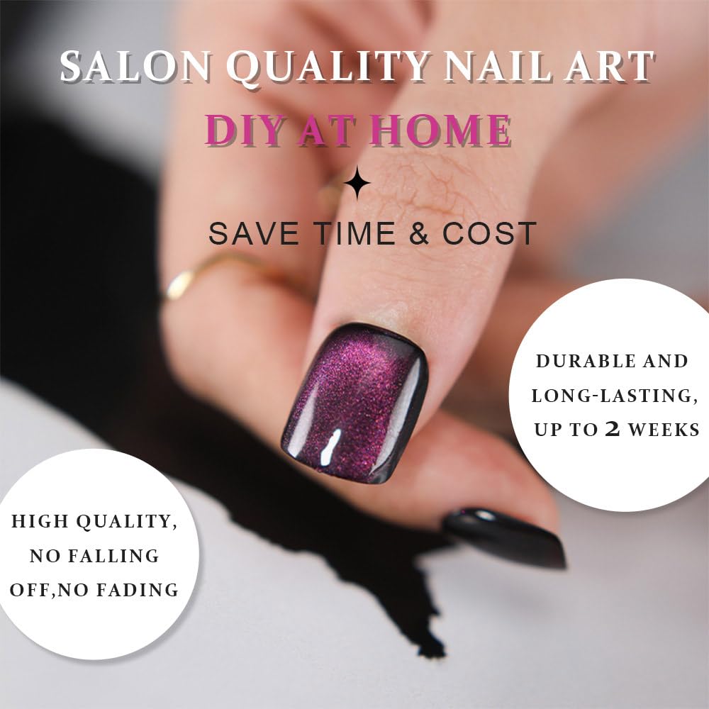 evpct Purple Cat Eye Press on Nails Extra Short Square, Petite Short Press on Glue on Nails for Women Gift, Dark Purple Holographic Glitter Glossy Reusable Stick on Gel Acrylic Fake Nail with Design