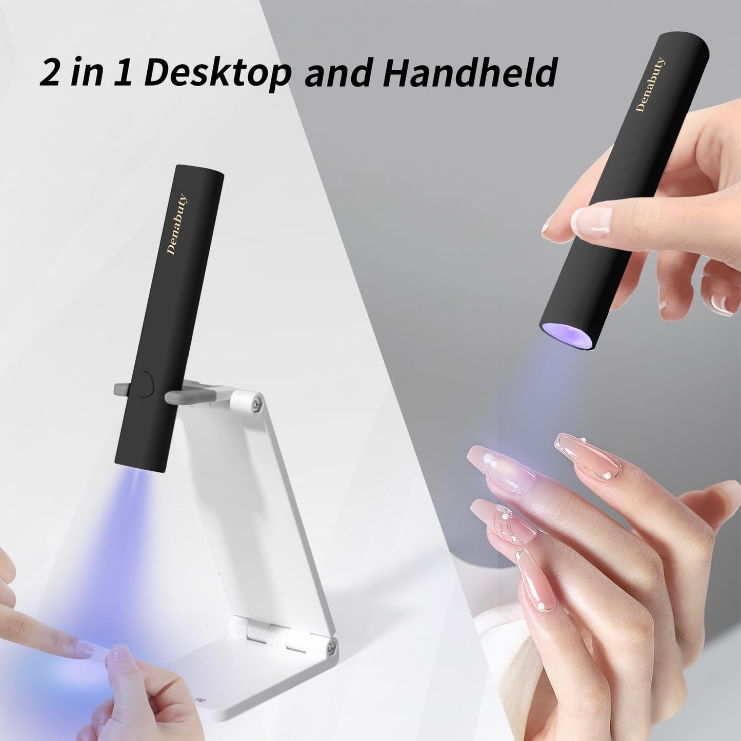 UV Light for Gel Nails, Denabuty Mini U V LED Nail Lamp Handheld with Stand, Portable Nail Dryer Rechargeable USB Cordless, Nail Light with 2 Timers for Fast Drying, Black