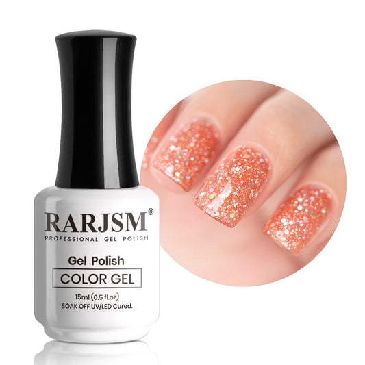 RARJSM Glitter Gel Nail Polish Sparkly Peachy Pink Holographic Iridescent Gelpolish Chunky Soak off L e d U V Curing Required Long Lasting High Pigments for Home Salon Manicure Nail Art 15ml