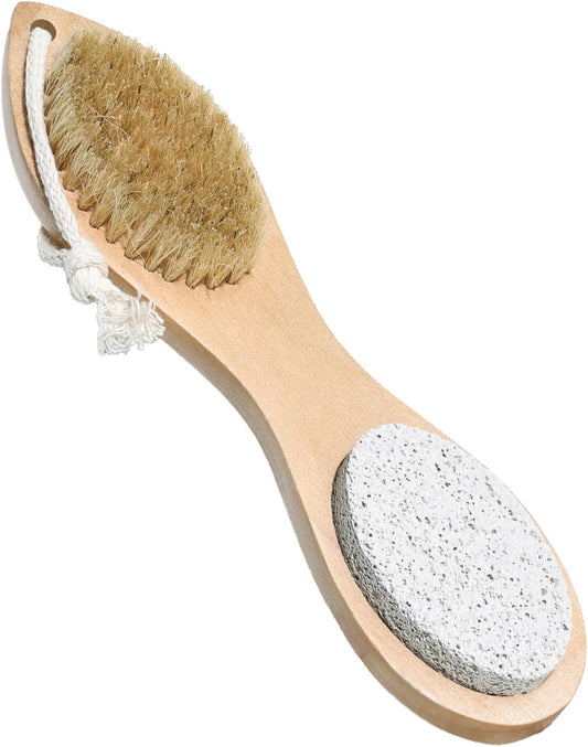 Pumice Stone Brush for Feet 4 in 1, Wooden Foot File Callus Remover, Foot Rasp and Sand Paper Pedicure Tools with Handle, Shower Foot Scrubber, Soft Smooth Feet for Home Foot Care