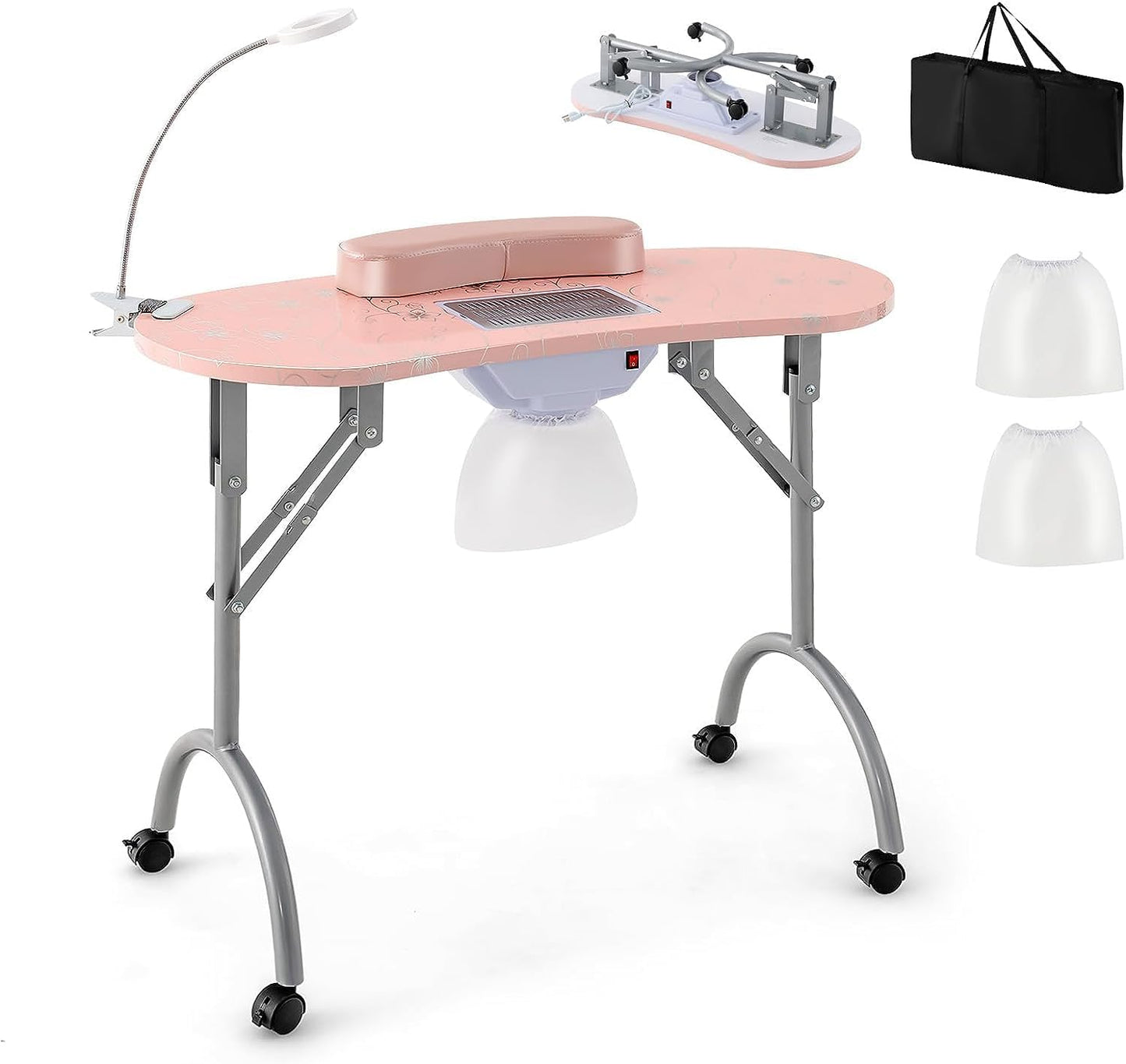 GOFLAME Manicure Nail Table, Foldable Nail Technician Desk w/Electric Downdraft Vent, Bendable LED Lamp, Removable Armrest Pad, Dust Bag, Manicure Table with Lockable Wheels for Home, Salon, Pink
