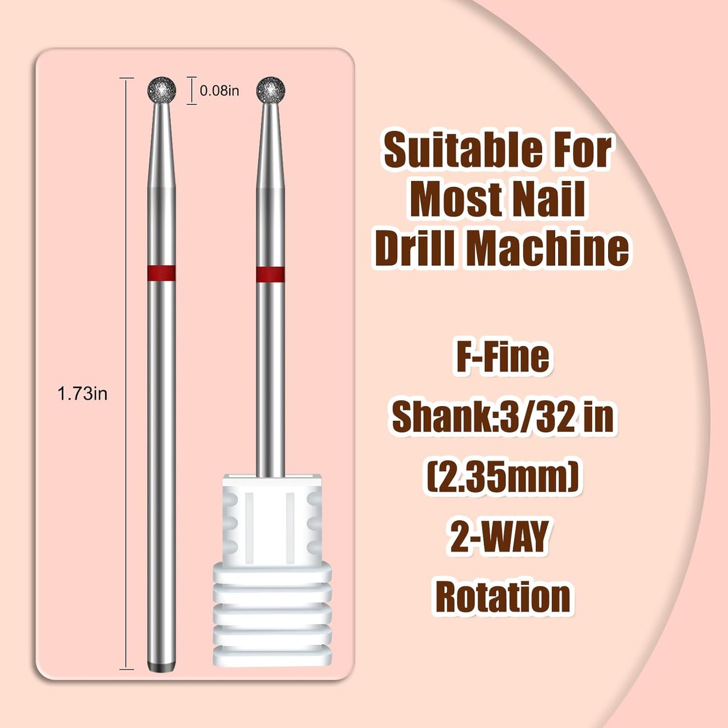 1.8mm Ball Shape Cuticle Clean Nail Drill Bit 3/32'', Professional Safety Carbide Diamond Under Nail Cleaner for Sidewall Dead Skin Cleaning Nail Prepare, Manicure Pedicure Shape Remove Tools, Fine