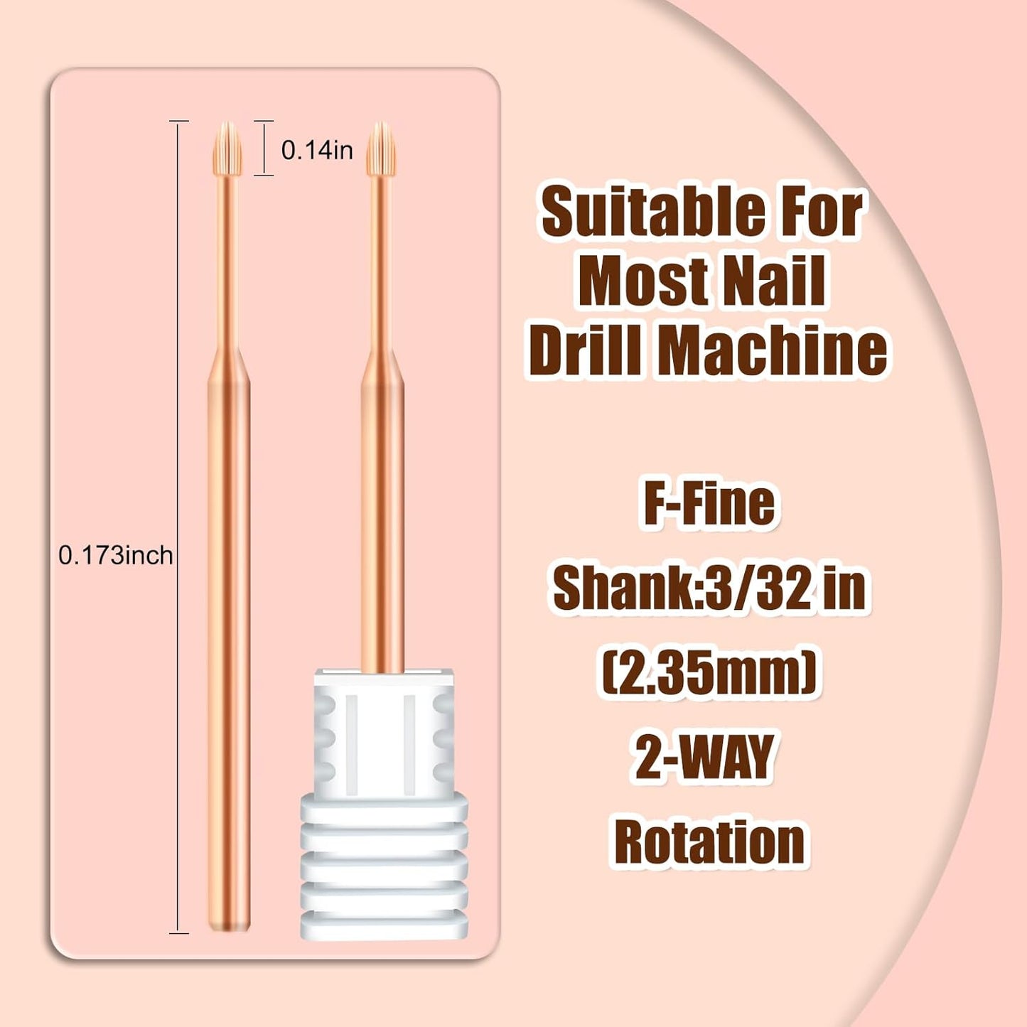 Cuticle Clean Nail Drill Bit 3/32'', Safety Drill Bits for Nails, Professional Carbide Nail Cleaner Nail Bit for Cuticle Dead Skin Nail Prepare, Nail Care Tool for Nail Tech (Rose Gold, Fine)