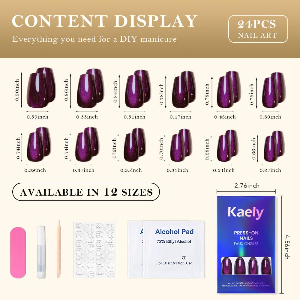 evpct Dark Purple Cat Eye Coffin Press on Nails Square Medium, Medium Square Glue on Nail for Women, Dark Purple Metallic Glitter Glossy Reusable Summer Soft Gel Press on Acrylic Fake Nail with Design