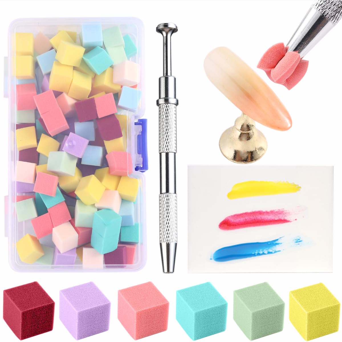 100Pcs Soft Nail Sponges for Ombre Mini Nail Art Sponges With Grabbing Pen Colorful Aura Nail Sponge Set Brush for Gel Nails Gradient Sponge With Disposable Gel Polish Palette Paper