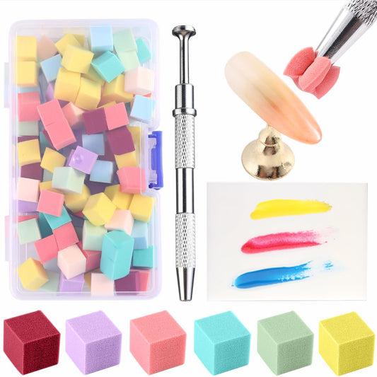 100Pcs Soft Nail Sponges for Ombre Mini Nail Art Sponges With Grabbing Pen Colorful Aura Nail Sponge Set Brush for Gel Nails Gradient Sponge With Disposable Gel Polish Palette Paper