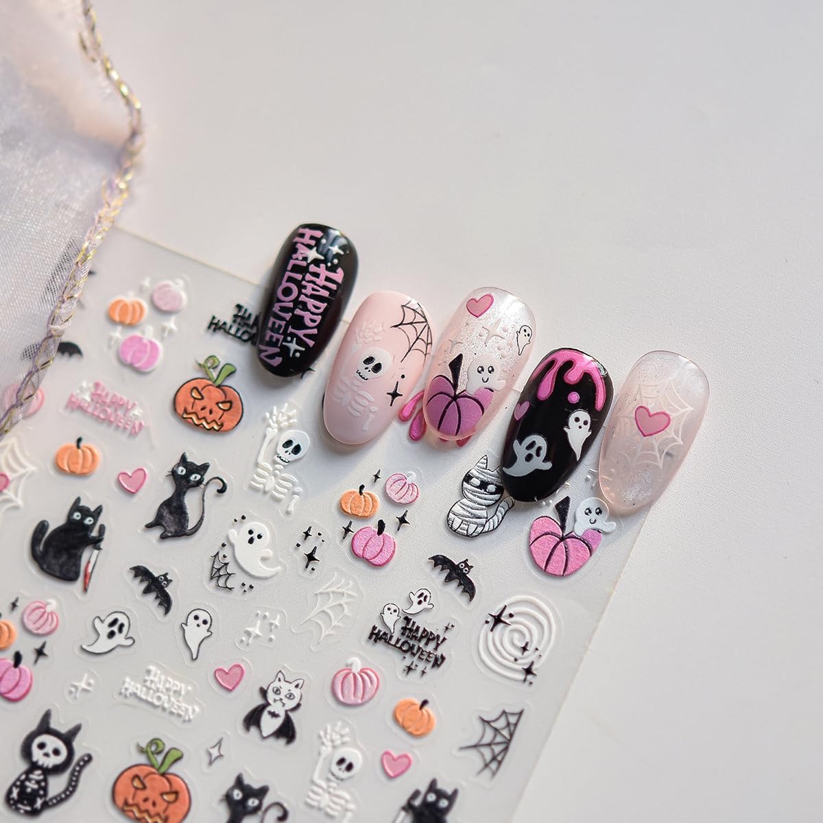 Halloween Nail Stickers for Nail Art 5D Embossed Halloween Ghost Nail Art Stickers Gothic Nails Designs Spider Web Pumpkin Bloody Cat Nails Supplies for Women Holiday DIY Manicure Decorations