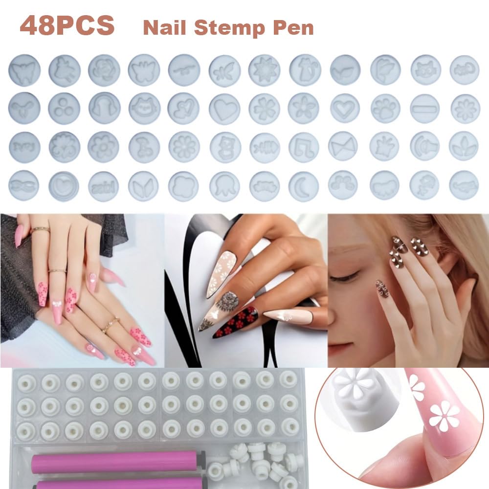 48 Pcs Nail Stamp Pen Set, Nail Art Pens, Quick Nail Art Tools with Different Patterns, Flower Butterfly Rose DIY Nail Stamping Pen Kit, Nail Design Tools for Women