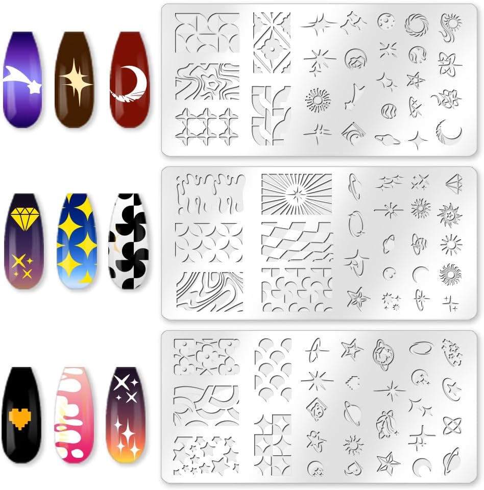3Pcs Fantasy Stars Nail Stamping Plate Planets Sun Moon Nail Art Stamp Templates Stainless Steel Reusable Tools with Stamper Scraper for Manicure Printing