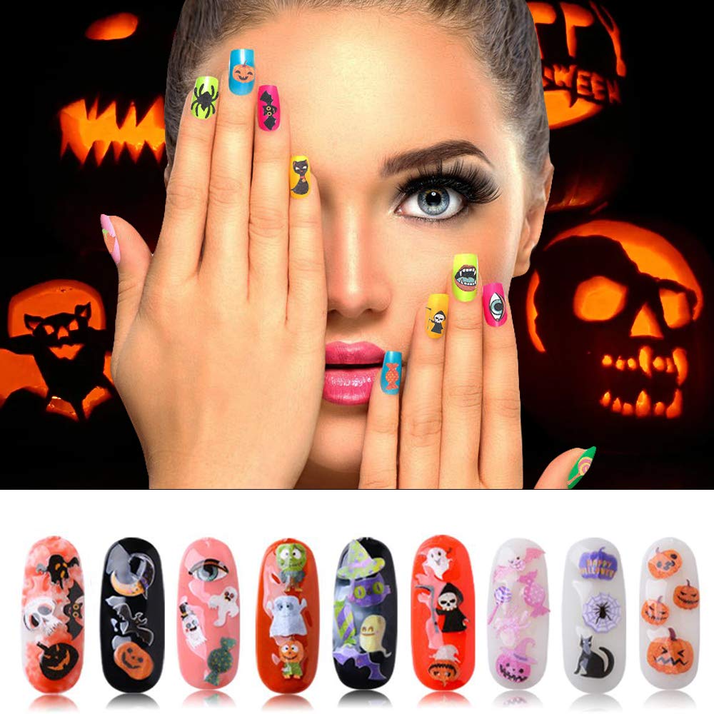 Kalolary 8 Boxes Halloween Nail Art Sequins 3D Nail Art Decals Stickers, Halloween Pumpkin Witch Bat Nail Arts Decals Manicure DIY Decoration Tools