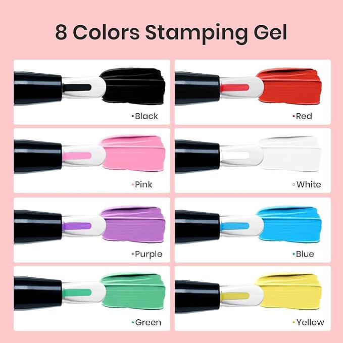 Beetles Nail Stamp Gel 16Pcs French Tip Nail Stamp Kit with 8 Colors Stamper Gel Polish, 5 Nail Stamping Templates, Scrapers, Liquid Latex & Short Silicone Stamper Gift for Women