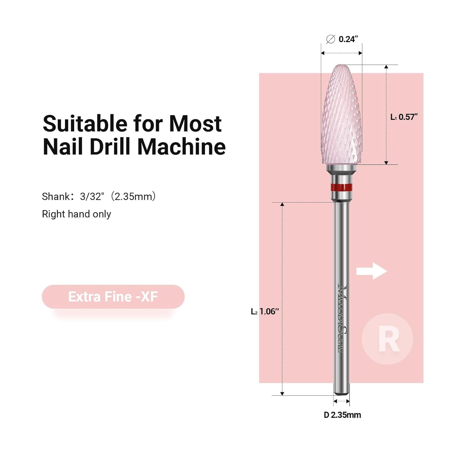 MelodySusie Ceramic Nail Drill Bit, 3/32'' (2.35mm) Professional Acrylic Nail File Flame Drill Bit for Manicure Pedicure Cuticle Gel Nail Polishing, Beginners Bits, Pink, Series Bit-S, Extra Fine