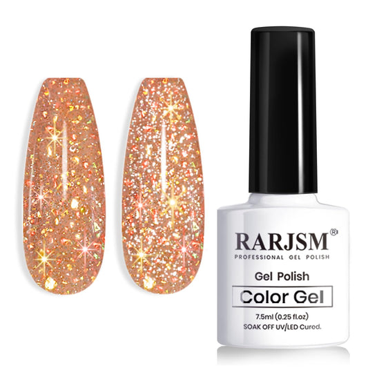 RARJSM Reflective Glitter Gel Polish Orange Sparkling Glitter Iridescent Shimmer Gel Polish Sparkle Glitters Gel Holographic Gelpolish Soak off Nail Art Manicure for Salon DIY at Home