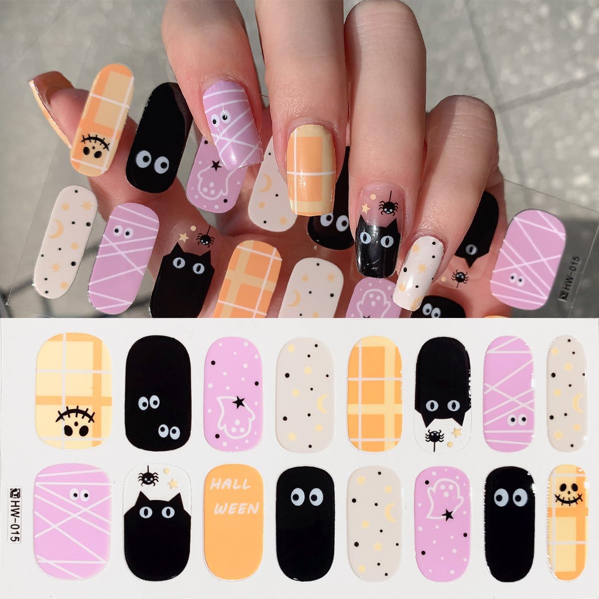 6 Sheets Halloween Nail Art Stickers Cute Cat Ghost Full Nail Wraps Stickers 3D Self-Adhesive Pumpkin Bat Spider Mummy Nails Polish Sticker Shiny Spider Web Gel Nails Strips Decals for Women
