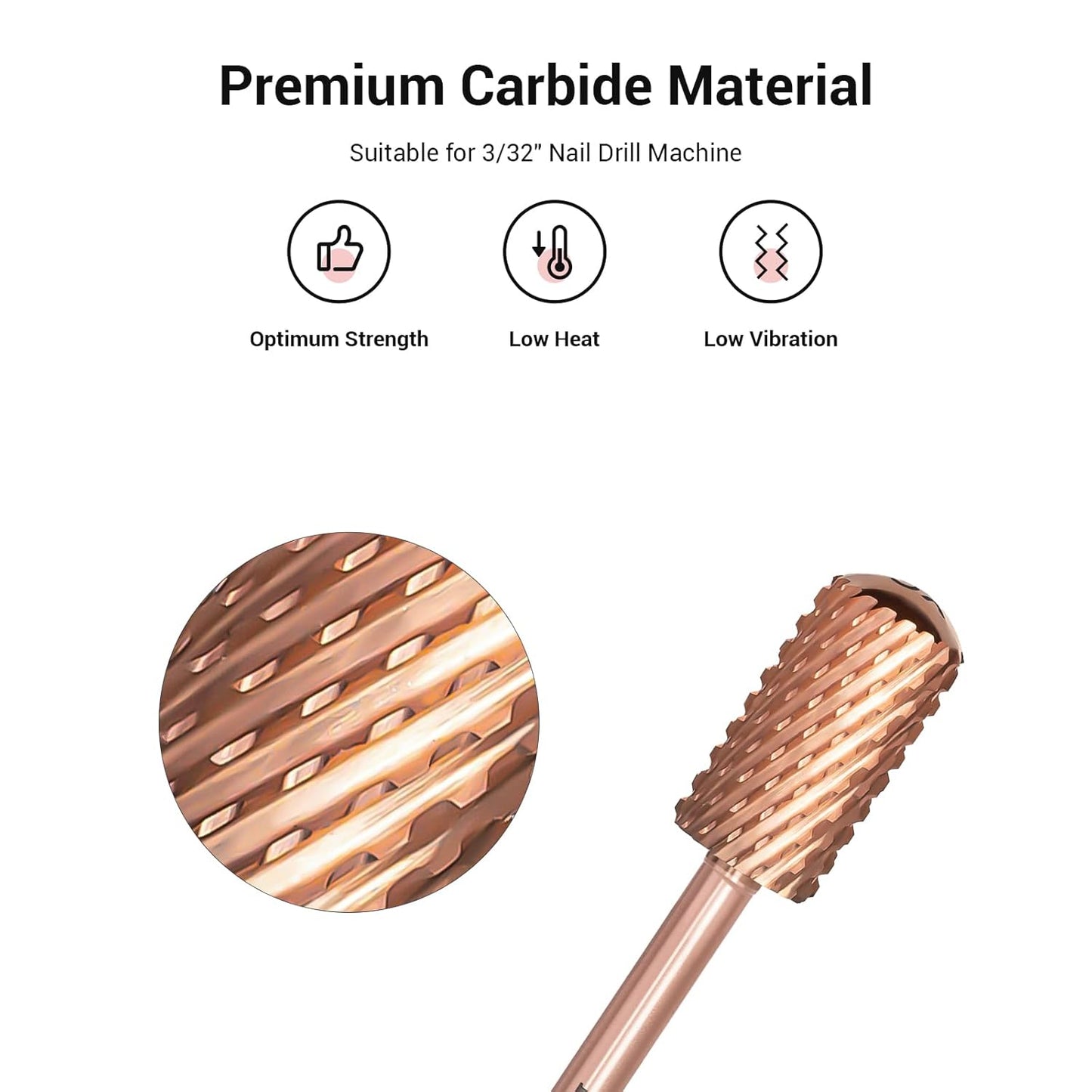 MelodySusie Safety Nail Drill Bits, 3/32'' Smooth Round Top Large Barrel Carbide Bits, Suitable for Manicure Pedicure Cuticle Gel Polishing, Beginners Bits, Rose Gold, Series Bit-S, Extra Coarse