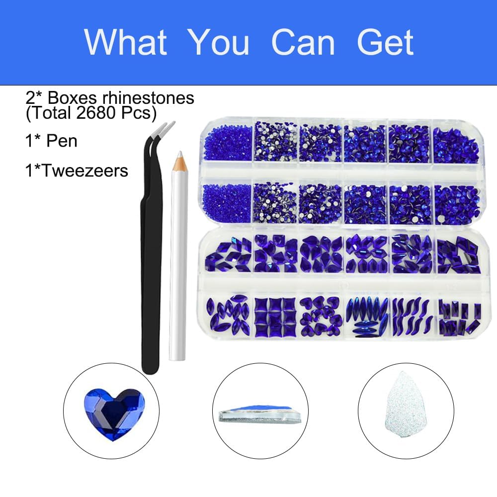 2680Pcs Royal Blue Nail Rhinestones Gems, 120pcs Multishapes Navy Blue Glass Big Nails Gem Stones with Bling Flatback Round Beads, Clear Diamond Rhinestone for DIY Face Eyes Makeup Crafts Decoration
