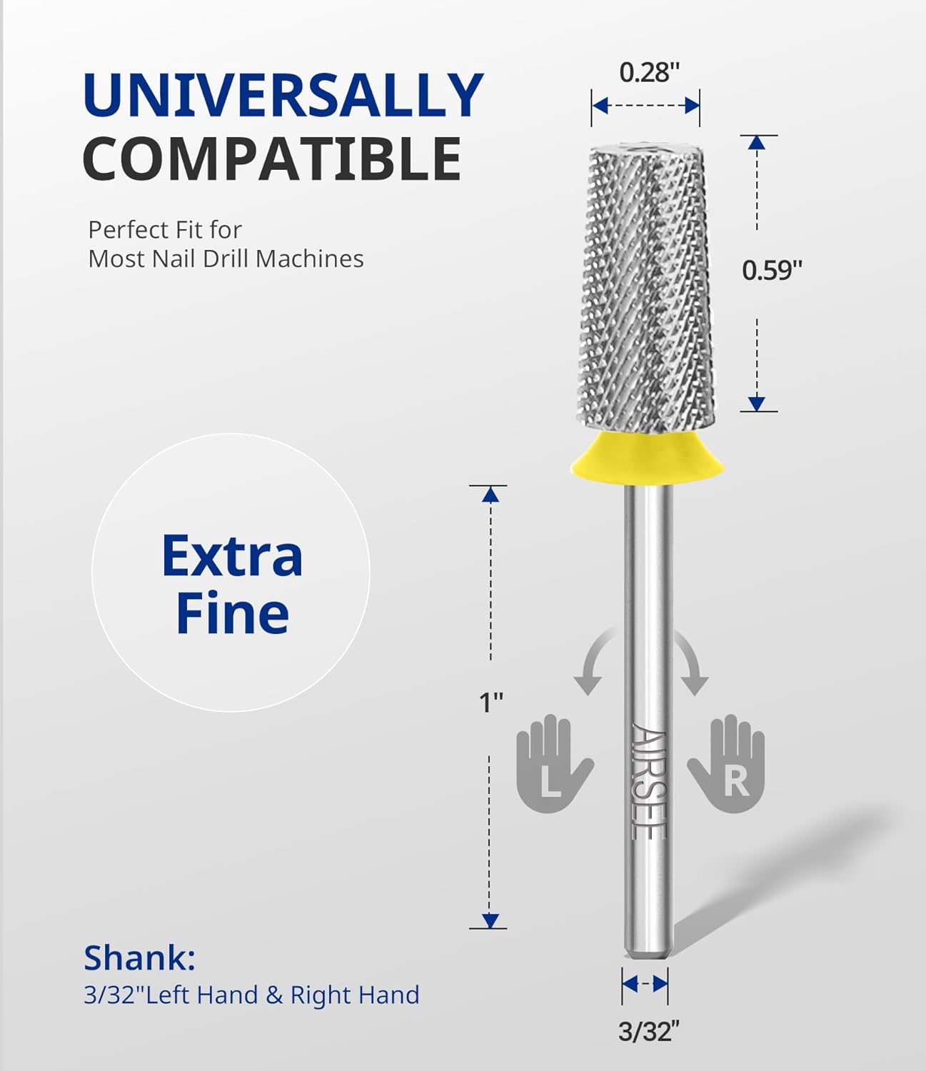 AIRSEE Tungsten Carbide Acrylic Nail Drill Bit Efile Electric File Machine Head Tip for Manicure Polishing Art Remove Gel 3/32" 2 Way Professional Tech Flat Top Tapered Barrel Extra Fine-XF