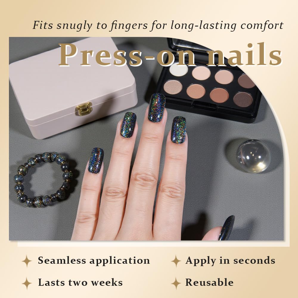evpct Black Chrome Metallic Cat Eye Press on Nails Square Medium, Glue on Nails Medium Length Square for Women, Black Metallic Nail press ons, Iridescent Glitter Halloween Acrylic Fake Press on Nail