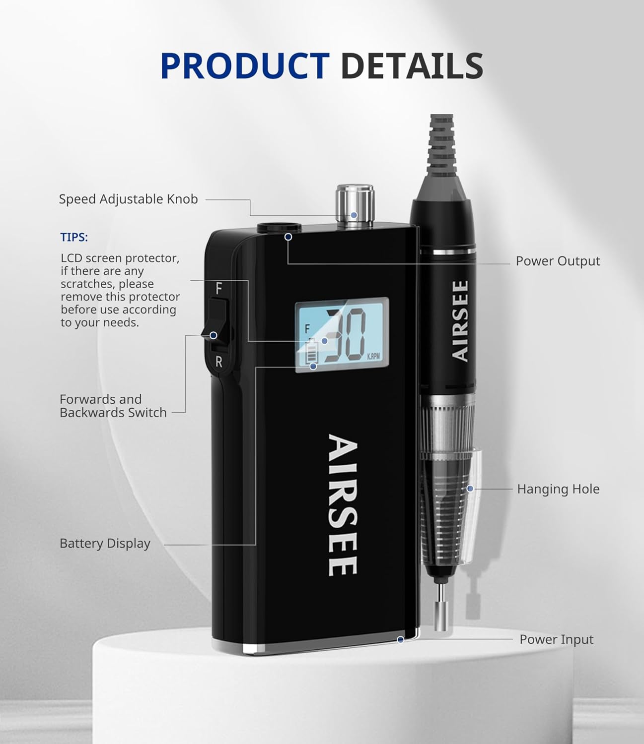 AIRSEE Rechargeable 30000RPM Electric Nail Drill Professional Portable E File Machine for Acrylic Nail Natural Extension Gel Nails Polish Cuticle, Cordless High Speed for Salon Home Use E8 Black