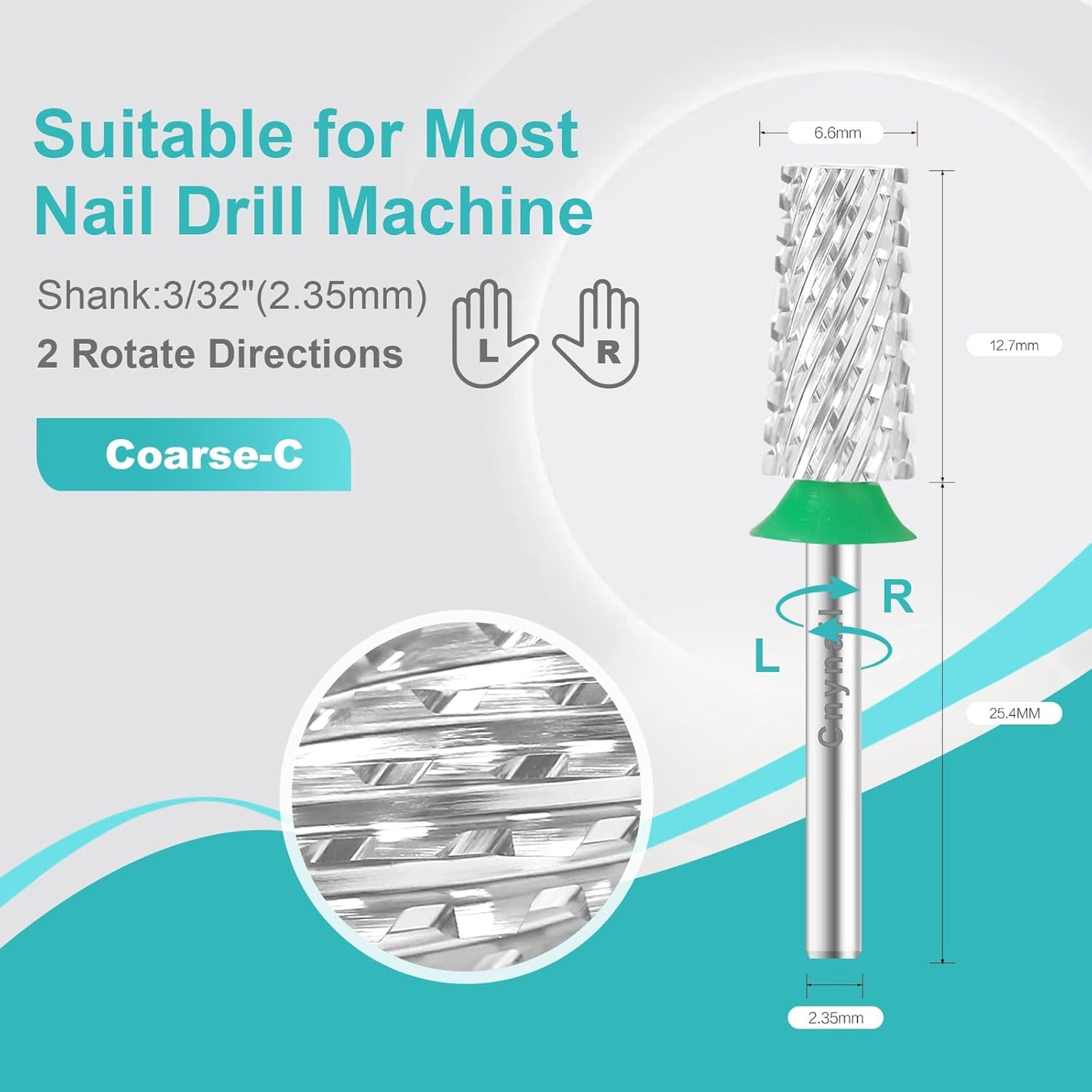 3/32" Large Tapered Barrel Flat Bit Tungsten Carbide Nail Drill Bit Safety Bit for Gel & Acrylic Removal, 2- Way Rotating Efile Tip, Salon Electric File Accessory (C Girt, Silver)