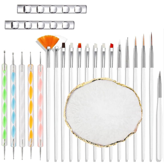 23 Piece Nail Art Tools Set Resin Nail Art Palette Nail Art Brush 2-way Acrylic Silicone Engraving Pen Dotting Pen Tools DIY Home Salon Makeup Display Board Nail Art Kit (White)