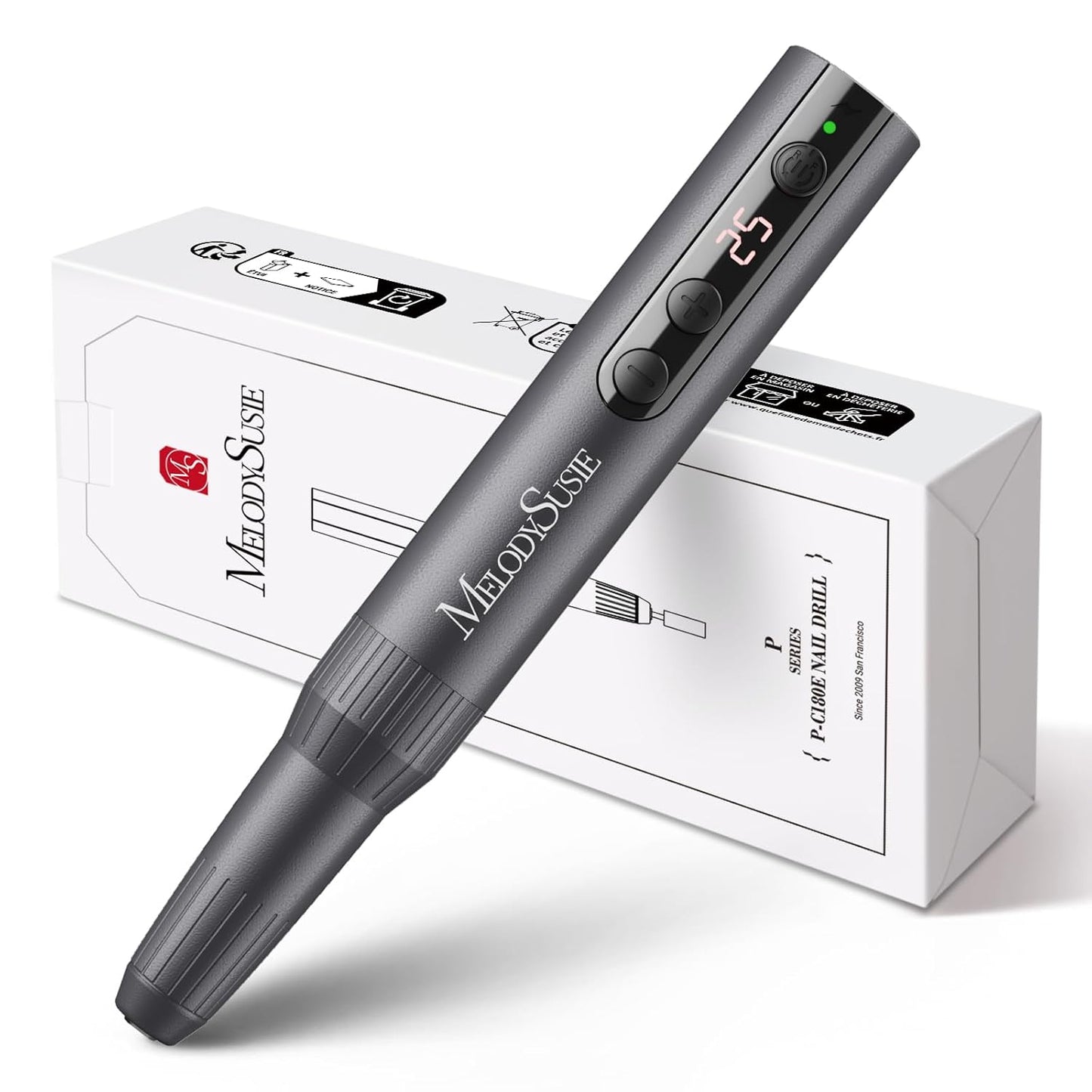 MelodySusie Pen-Shaped Portable Cordless Nail Drill, PC180E 25000RPM Rechargeable Electric File with LED Display for All Nail Care, Manicure Shaping & Acrylic Gel Removal for Nail Artists DIY at Home