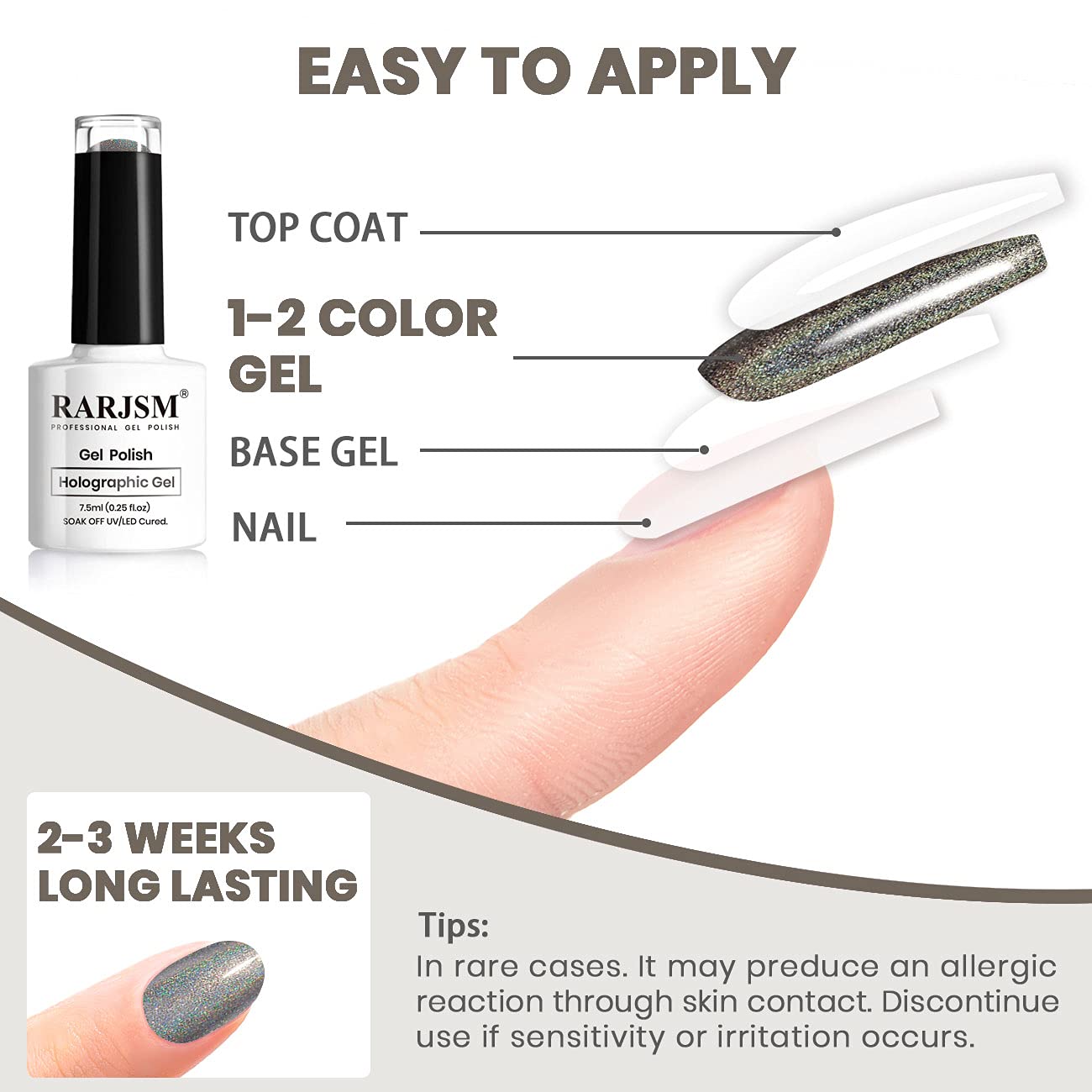 RARJSM Holographic Gel Nail Polish Grey Gorgeous Glossy Soak off Nail Gel with Glitter Mermaid Unicorn Effect Curing Required for Nail Art Design Manicure Salon DIY at Home