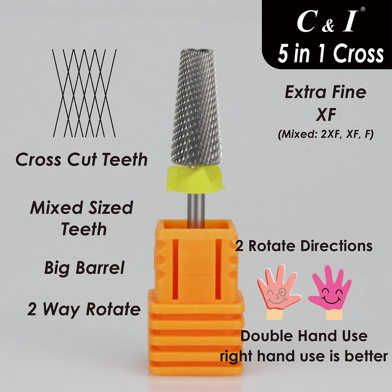 C & I 5 in 1 Multi-Function Tapered Shape Nail Drill, Cross Teeth Edition, Professional Drill Bit for Nail Manicure Machine (Extra Fine - XF)