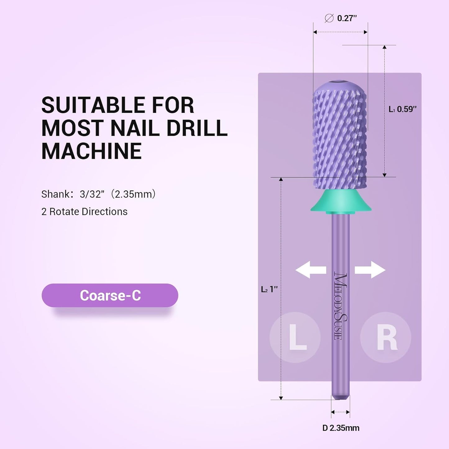 MelodySusie Safety Nail Drill Bits, 3/32'' Smooth Round Top Large Barrel Carbide Bits, Suitable for Manicure Pedicure Cuticle Gel Polishing, Beginners Bits, Purple, Series Bit-S, C