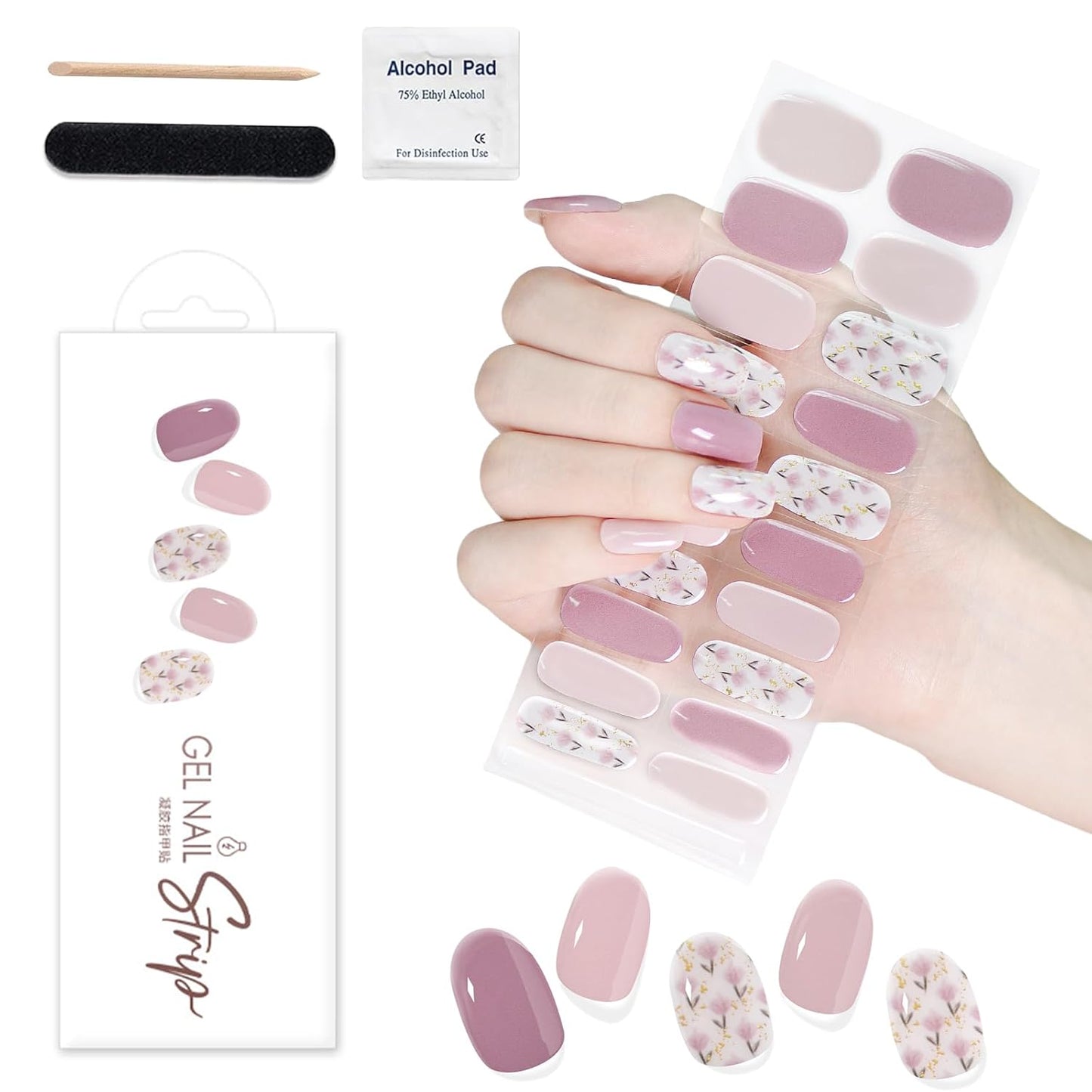 WOKOTO 1 Sheet Semi Cured Gel Nail Strips With Wood Stick, Nail File & Prepared Pads, 20 Tips Pink Flowers Semi Cured Nail Polish Strips, Harden With UV Light Gel Nail Wraps Stickers For Women Girls