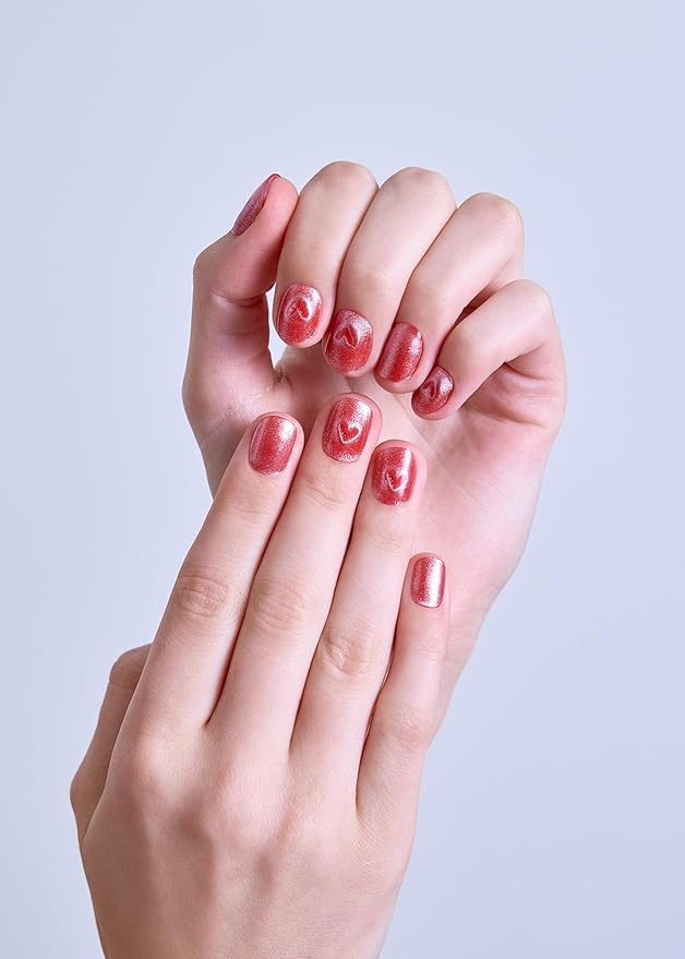 ohora Semi Cured Gel Nail Strips (N Magnetic Love) - Red, Magnet, Works with Any UV/LED Lamps, Salon-Quality, Long Lasting, Easy to Apply & Remove - Includes 2 Prep Pads, Nail File & Wooden Stick
