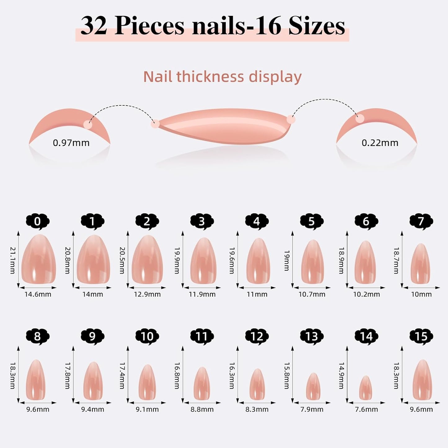 French Tip Press on Nails, Short Press on Nails Almond Reusable Glossy Soft Gel False Nails Black Press ons for Women, 16 Sizes 32 Count Nails Kit with Glue (SV-02)