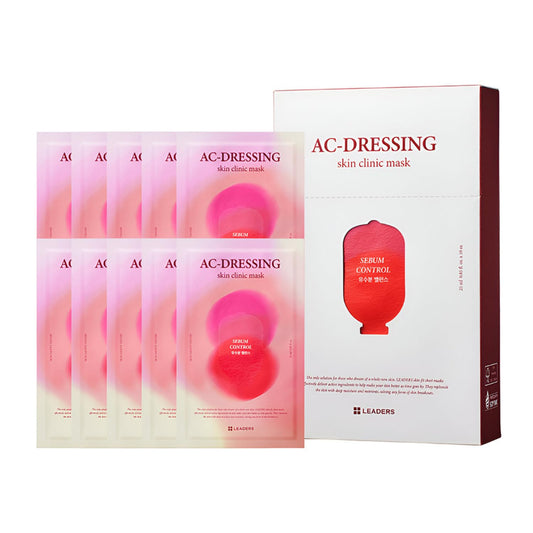 LEADERS AC-Dressing Skin Clinic Mask – Soothing and Calming Sheet Mask for Sensitive, Acne-Prone Skin – Helps Reduce Redness & Irritation, Hydrates, and Balances Skin, Sebum Care Mask – 10 Sheets