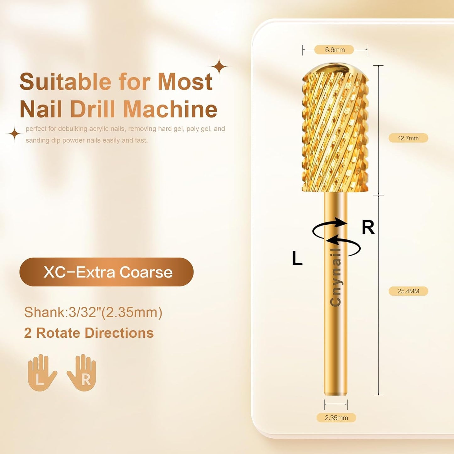 3/32" Large Barrel Smooth Round Top Tungsten Carbide Nail Drill Bit Safety Bit for Gel & Acrylic Removal, 2-Way Rotating Efile Tip, Salon Electric File Accessory (XC Grit, Gold)