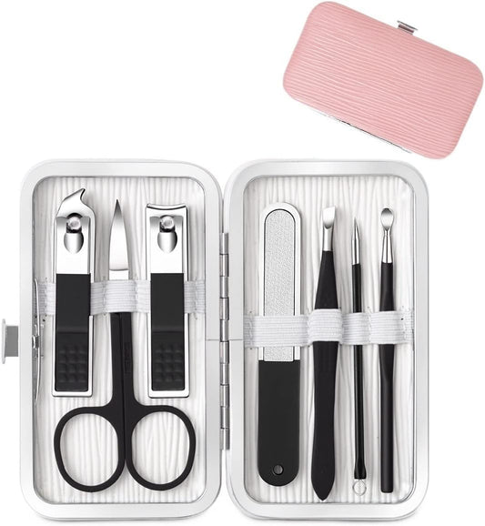 Multifunction Nail Clipper Set Pedicure Cutter Nail File Scissors Kit with Travel Case Stainless Steel Blue Manicure Set Tools (Color : 7pcs-Pink)