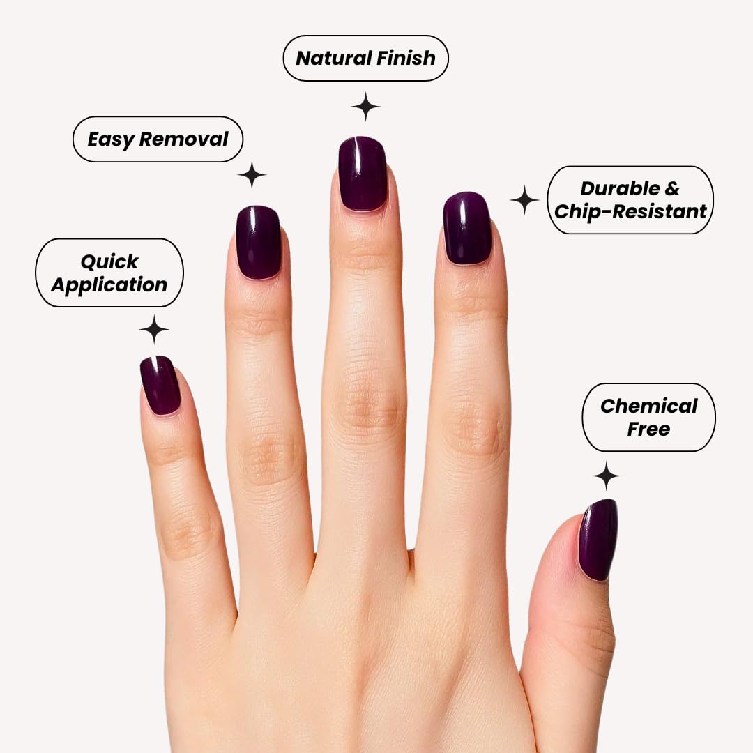 Perfect Look Press On Nails - Velvet Plum | No Glue One-Day Short Squoval Nails, Glossy Deep Purple Nails for Daily Wear - 24 Pcs Nail Kit with Adhesive Tabs