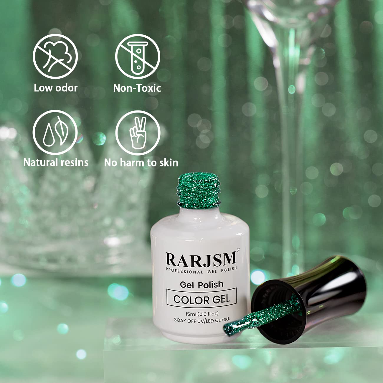 RARJSM Glitter Green Gel Nail Polish,Reflective Gel Polish Sparkle Glitter Flash Diamond Nail Gel Polish Soak off Disco Shimmer Gel Polish UV LED Curing Requires 15ml for Home Salon Diy Nail Manicure