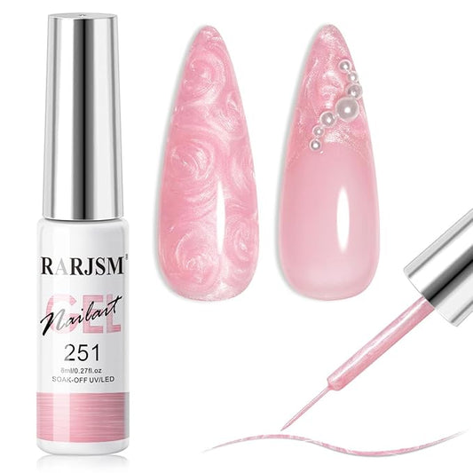 RARJSM Pearl Pink Nail Art Gel Liner Pearlescent Shell Glitter Swirl Effect Gel Nail Polish 8ml Build in Thin Brush Painted Drawing Striper Gelpolish Soak off Curing Requires for Home Salon Design