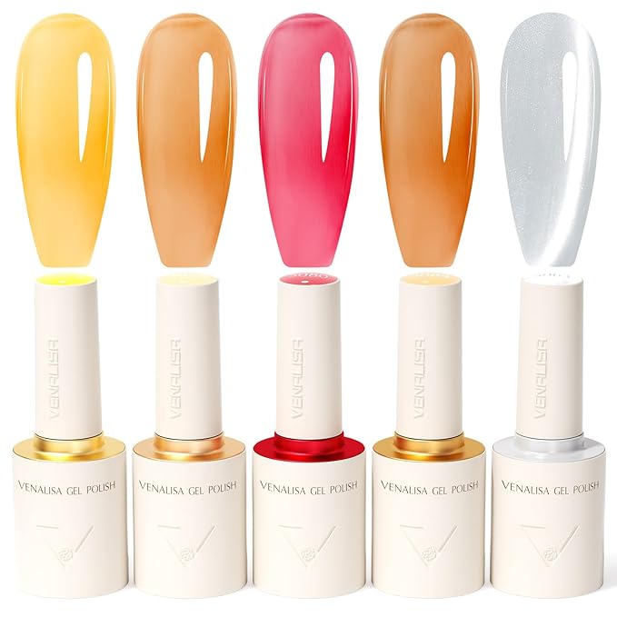 VENALISA 10 ML Jelly Gel Nail Polish Set with DIY Nail tips Kit, 5 Pcs Transparent Yellow Orange Red Brown White Gel Polish Color High Gloss Soak Off U V Nail Manicure Salon DIY